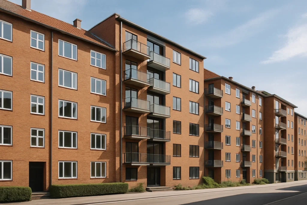 Bostadshus i Köpenhamn med skandinavisk arkitektur från 1960–1980-talet.