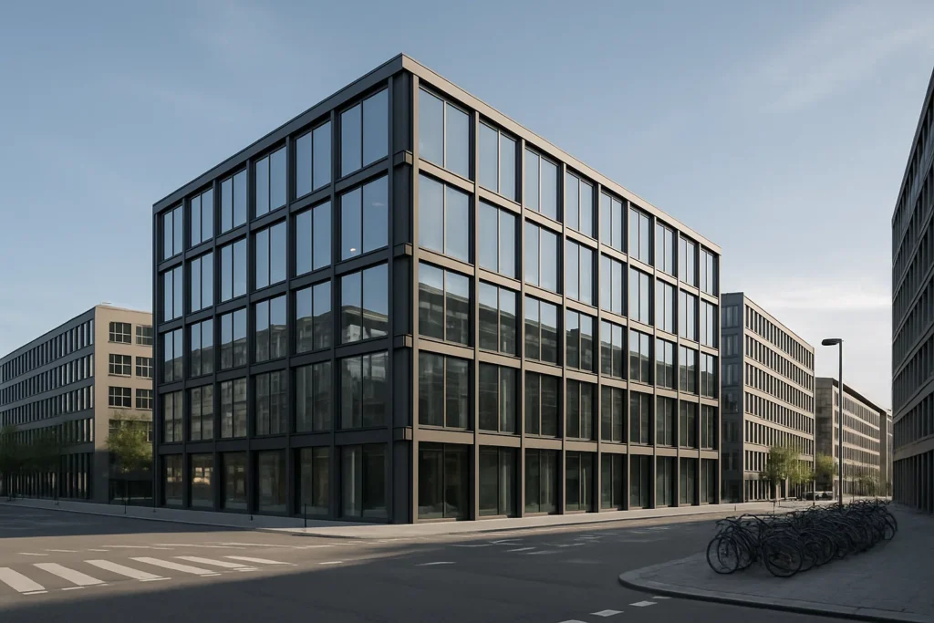 Modern kontorsbyggnad i Köpenhamn med glasfasad och skandinavisk arkitektur.