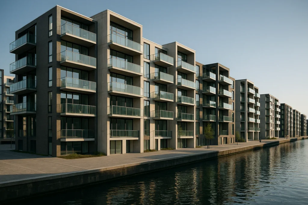 Moderna bostadshus vid Islands Brygge i centrala Köpenhamn med skandinavisk design.