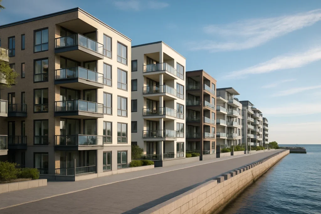 Moderna bostadshus vid kajen i Limhamn, Malmö med skandinavisk design.