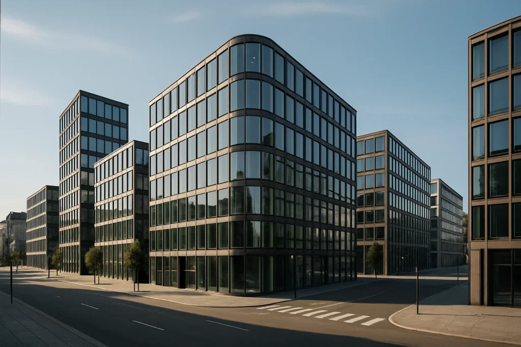 Moderna kontorsbyggnader i centrala Köpenhamn med glasfasader och skandinavisk arkitektur.