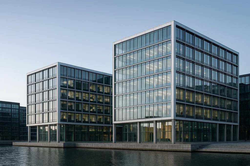 Moderna kontorshus på Havneholmen i Köpenhamn med glasfasader och energieffektiv design.
