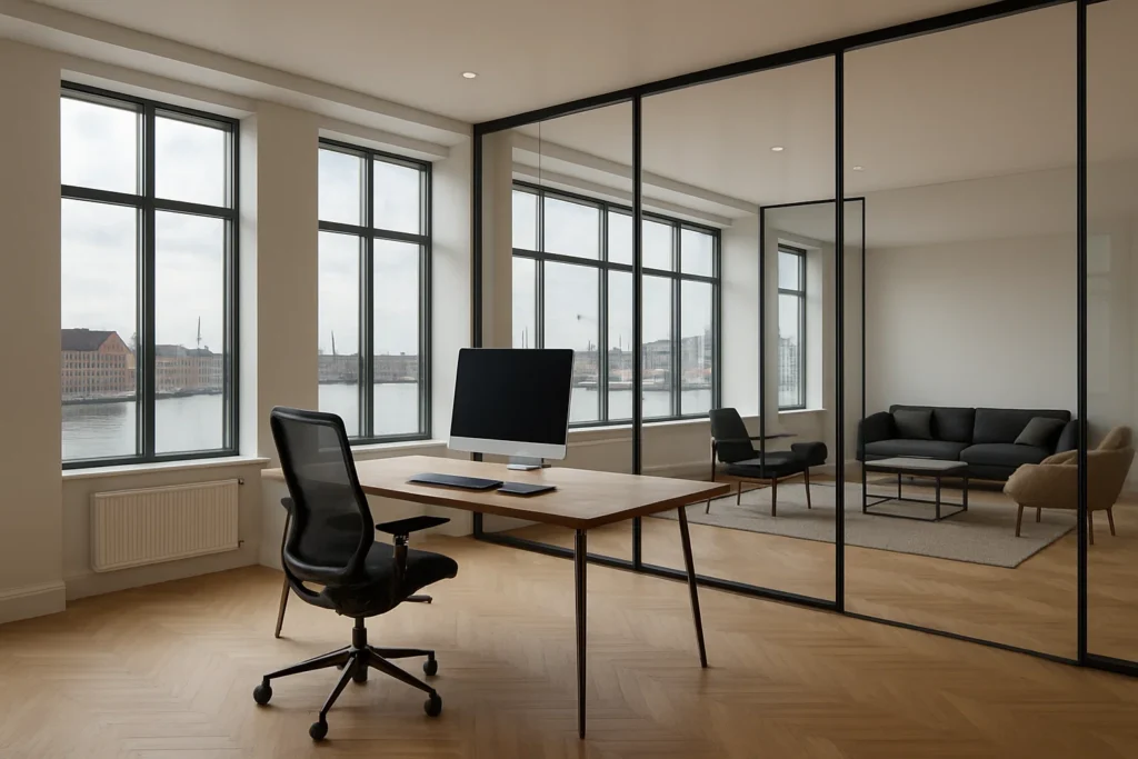 Exklusivt kontorsutrymme i Köpenhamn med utsikt över hamnen och modern skandinavisk design.