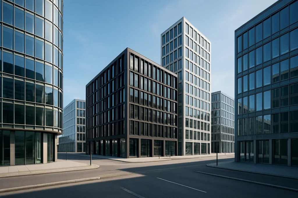 Moderna kontorsbyggnader i Köpenhamns affärsdistrikt med skandinavisk arkitektur.