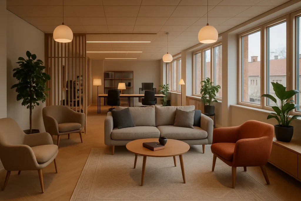 Modernt kontor i Danmark med resimercial design, bekväma möbler och naturliga material.