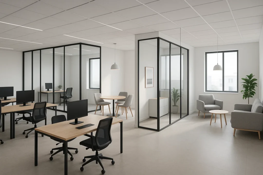 Modernt kontorsutrymme med kombination av coworking-ytor, privata kontor och mötesrum.