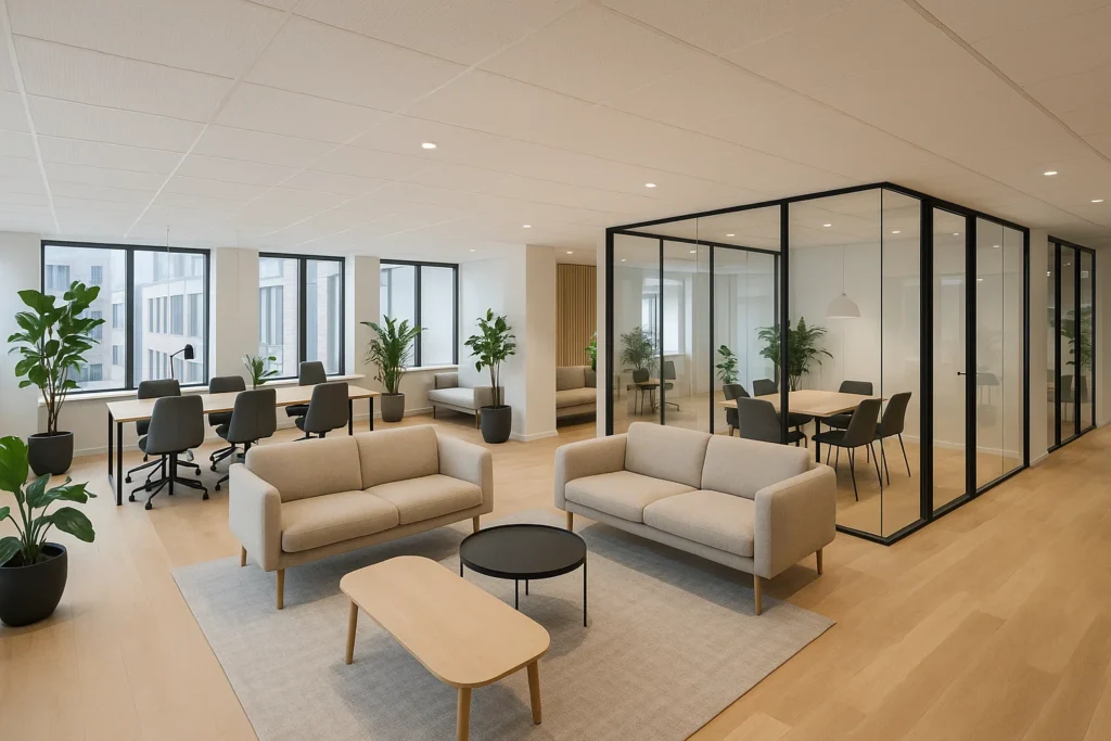 Modernt business center i Köpenhamn med loungeytor och glasade mötesrum.