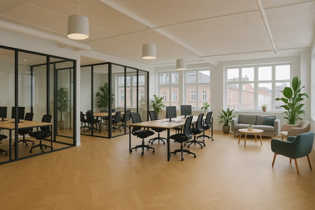 Modernt coworking space i Köpenhamn med flexibla arbetsytor och skandinavisk design.