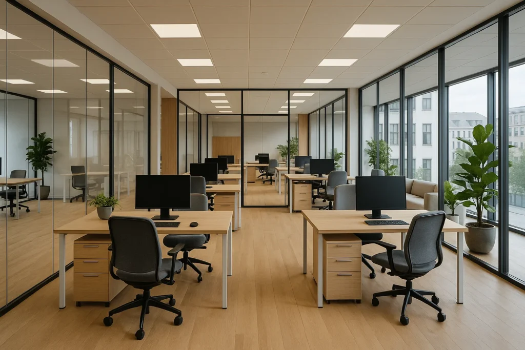 Modernt kommersiellt kontor i Köpenhamn med glasväggar och skandinavisk design.