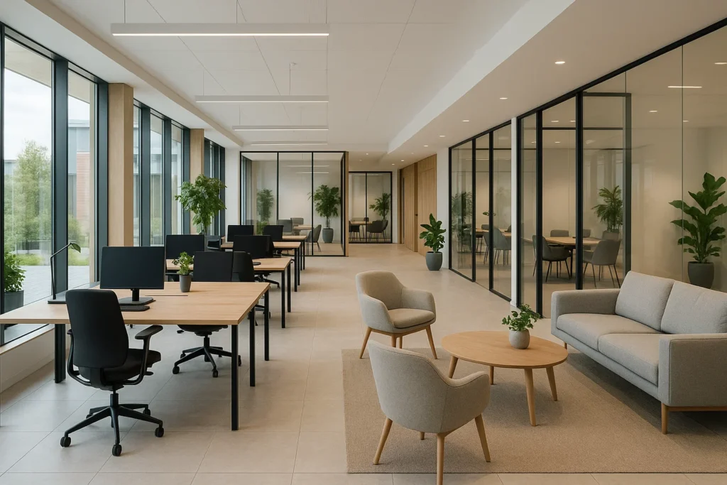 Modernt kontorshotell i Danmark med öppen planlösning och skandinavisk design.