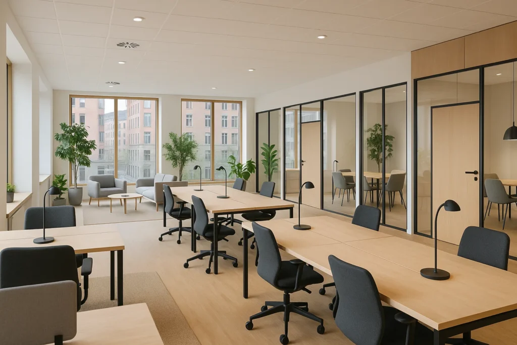 Modernt kontorshotell i Köpenhamn med flexibla arbetsytor och skandinavisk design.