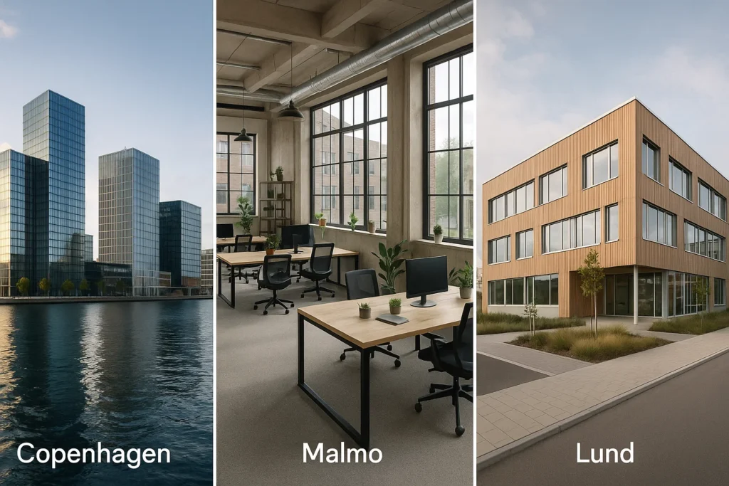 Jämförelse av kontorsmiljöer i Köpenhamn, Malmö och Lund med fokus på kostnadseffektivitet, innovation och internationell närvaro.