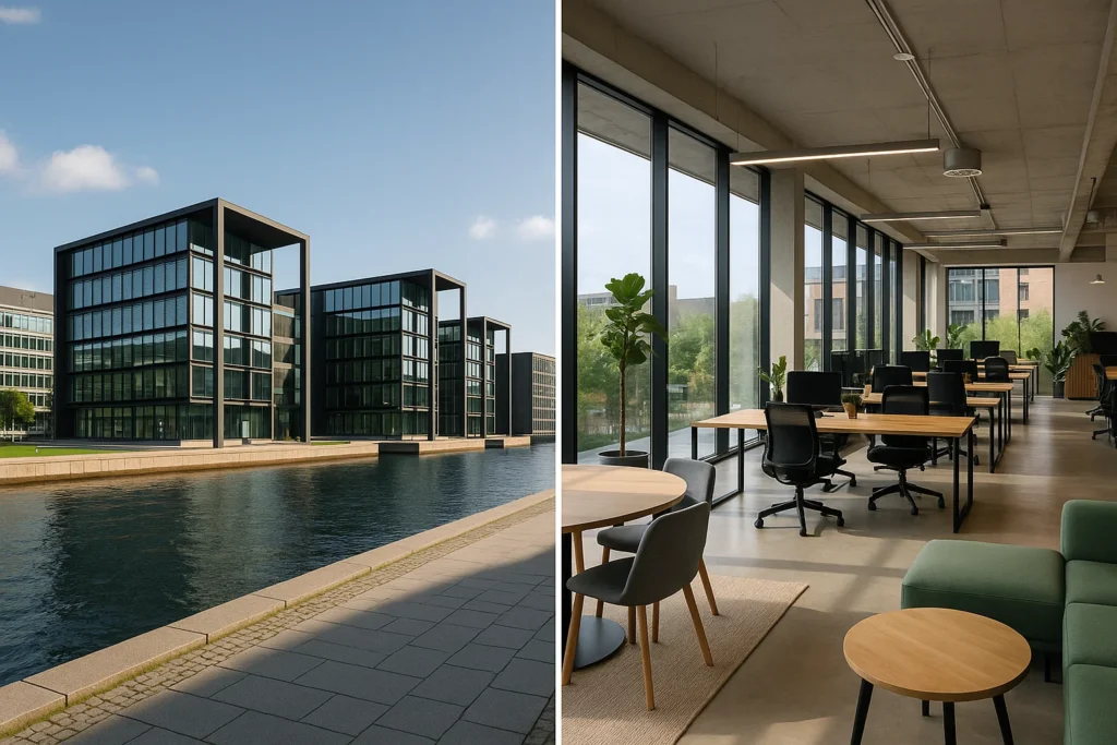 Jämförelse av moderna kontorsmiljöer i Köpenhamn och Malmö med fokus på hållbarhet och flexibilitet.