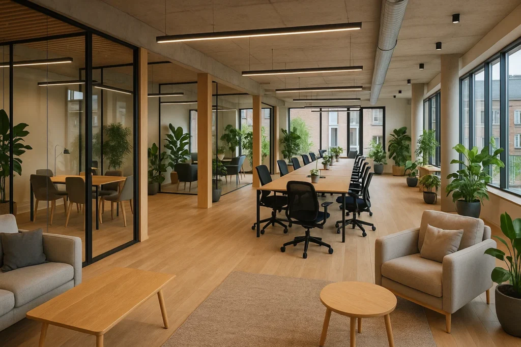Flexibelt kontor i Köpenhamn med öppen planlösning, glasade mötesrum och skandinavisk design.
